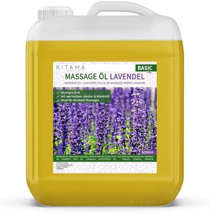 Kitama Massageolja med arom – kroppsolja för massage – värdande olja – aromolja – närande avslappningsolja – lavendel – 5000 ml (5 liter)