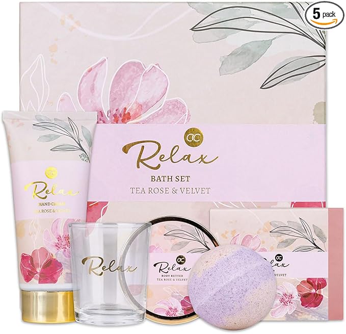 Accentra RELAX Presentset 5-Delar - TEA ROSE & VELVET Wellness Badset med Handkräm, Kroppssmör & Badbomb
