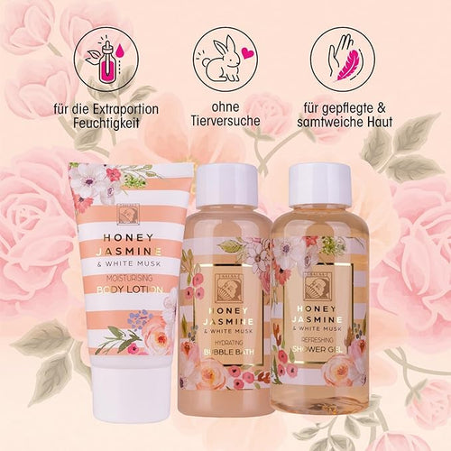 Accentra Duschset HONEY JASMINE 3-Delar - Wellness Presentset med Duschgel, Kroppslotion & Bubbelbad