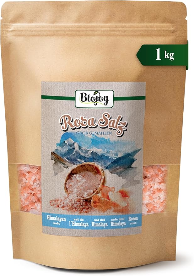 Biojoy Rosa salt (1 kg), grov 2-5 för saltkvarn, känd som himalayasalt, Salt Range Pakistan