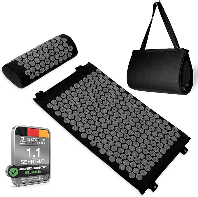 Belmalia Akupressurmatt-set med Nackkudde & Bärväska - Massagematta med Bärhandtag i Svart